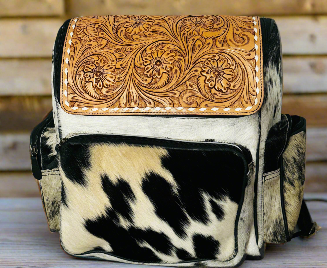 Tooled flap cowhide backpack/ diaper bag