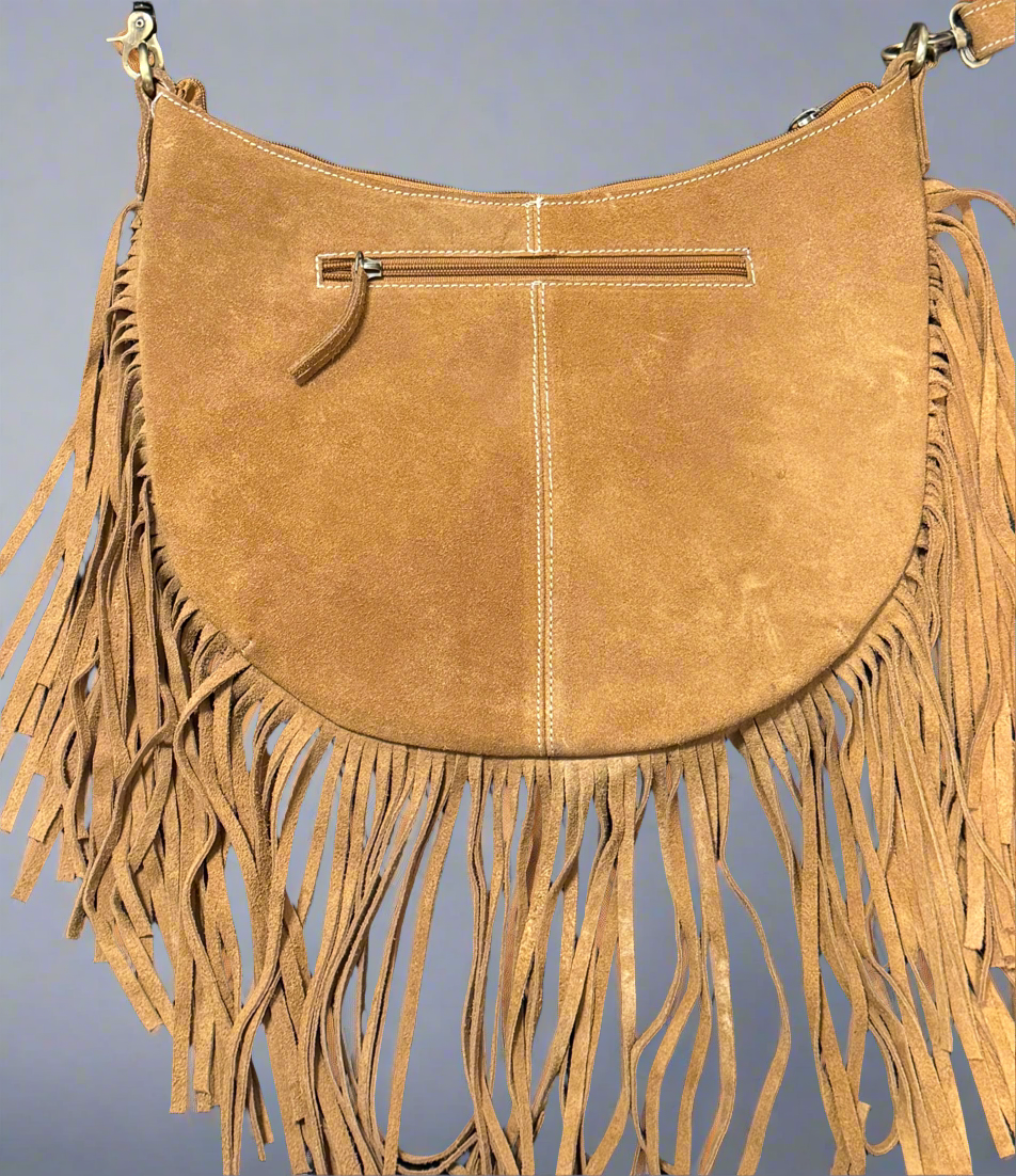 Large Suede and fringe Moon bag w/boot stitch design