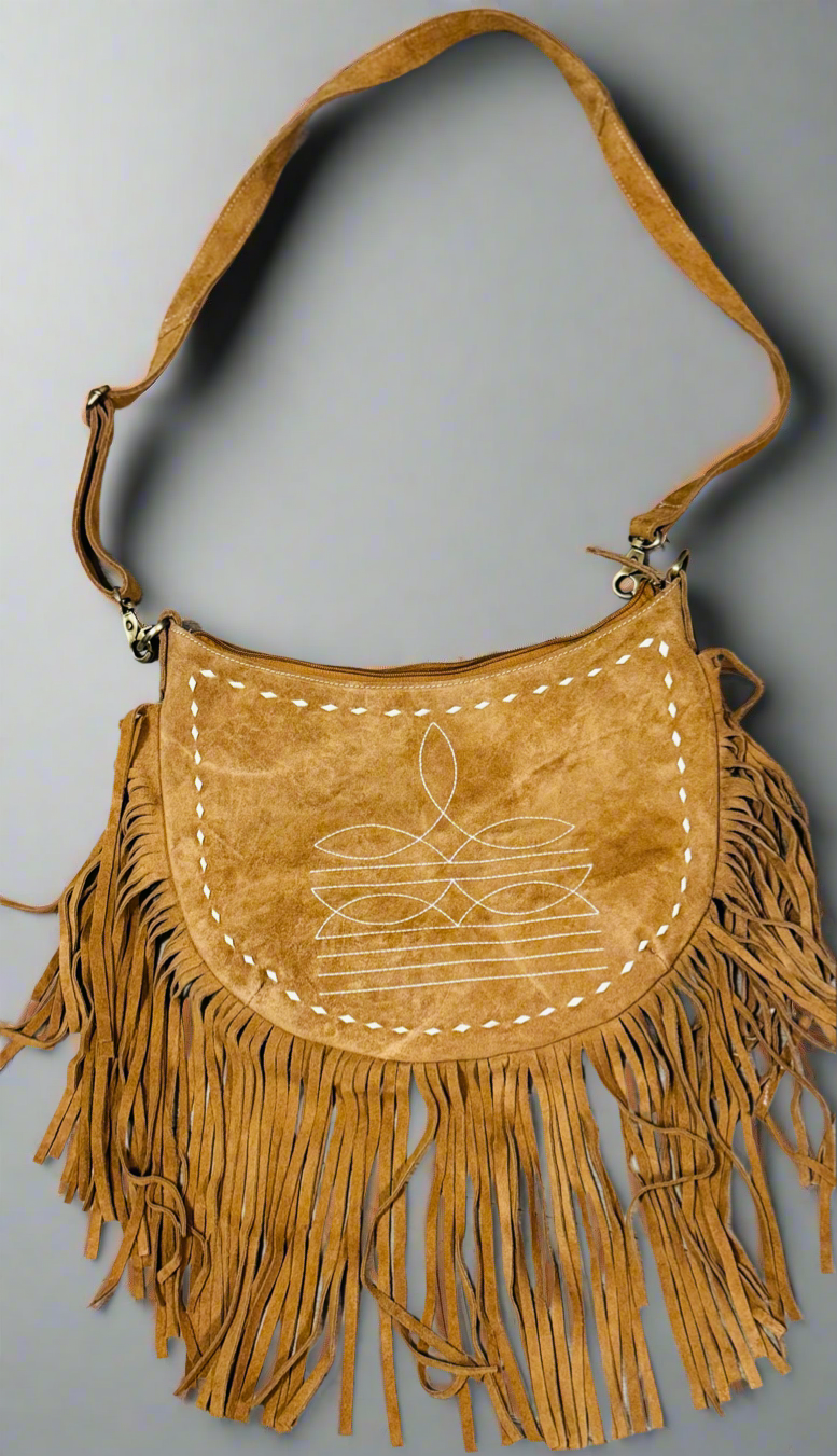 Large Suede and fringe Moon bag w/boot stitch design