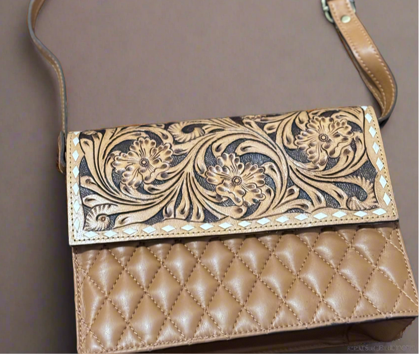 Quilt of glamour - quilted leather and hand tooled leather accent flap closure