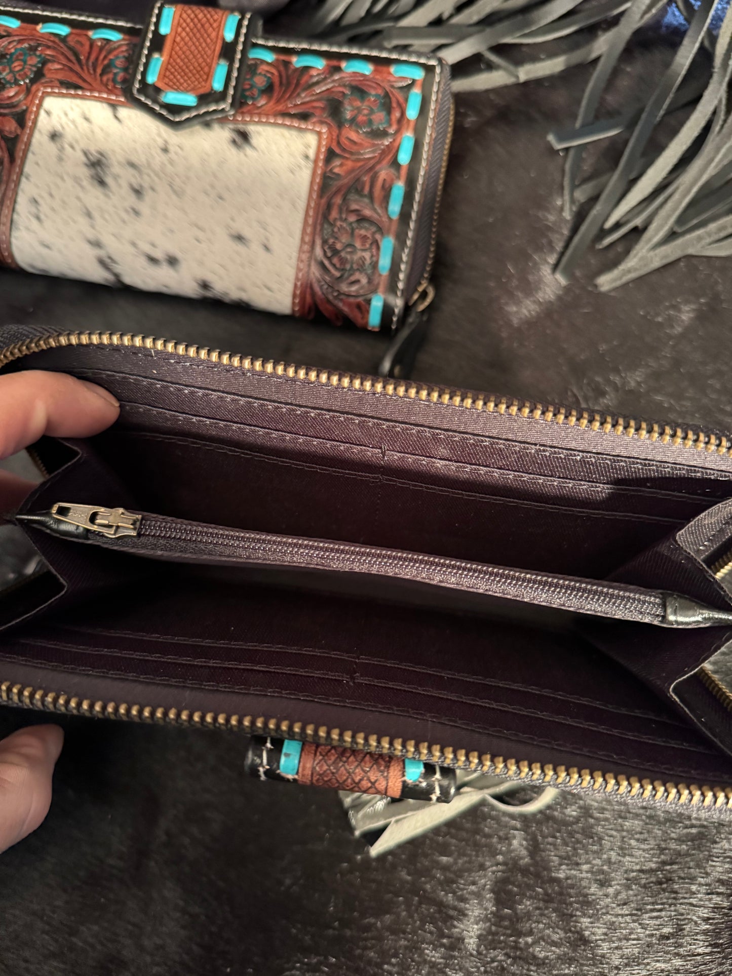 Tooled teal stitched wallet