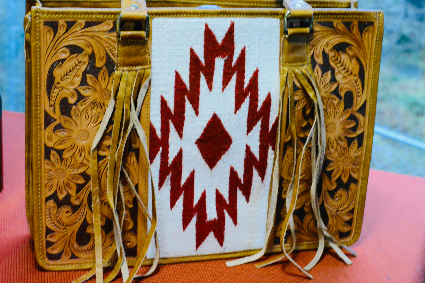 large leather tooled saddle blanket tote
