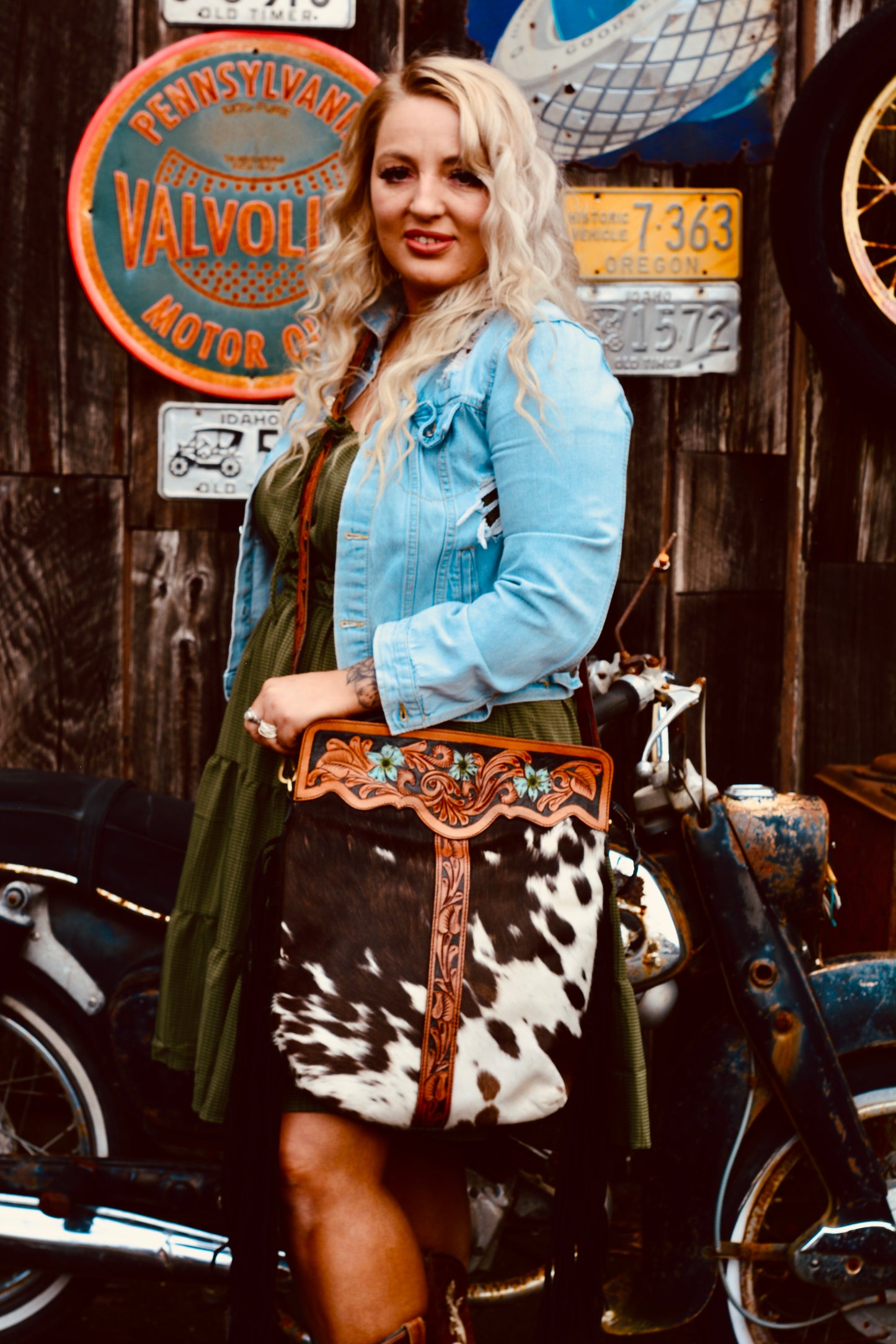 The painted Range shoulder bag- cowhide and tooled leather