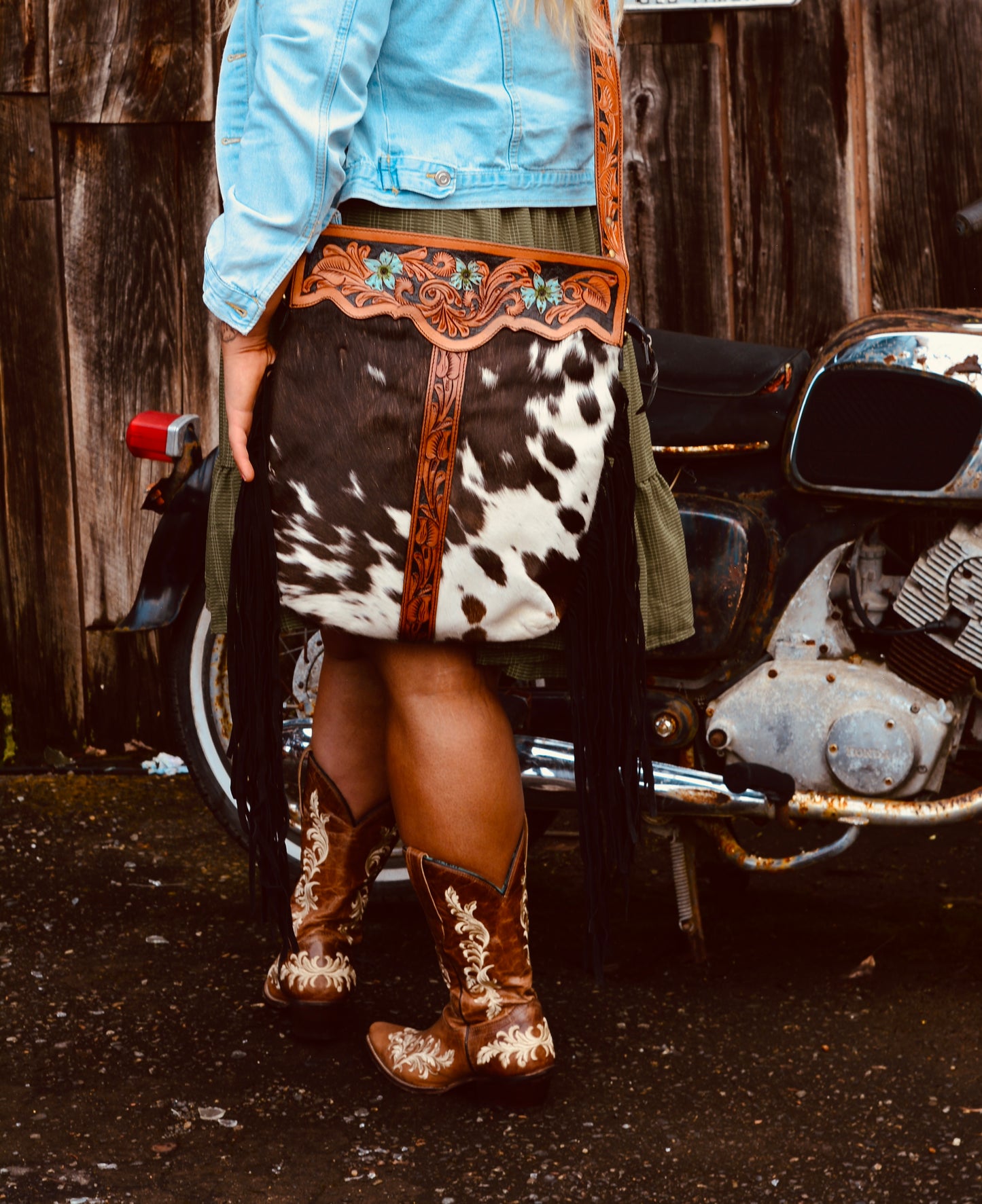 The painted Range shoulder bag- cowhide and tooled leather