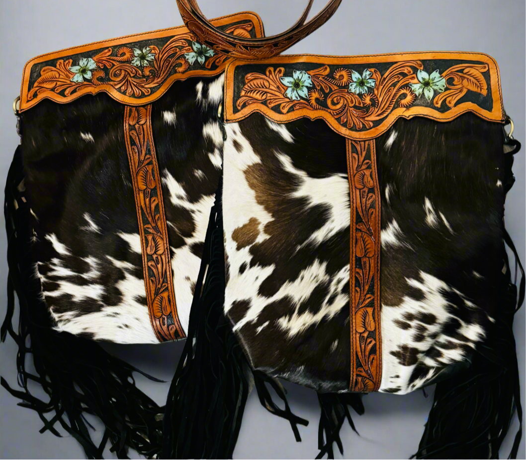 The painted Range shoulder bag- cowhide and tooled leather