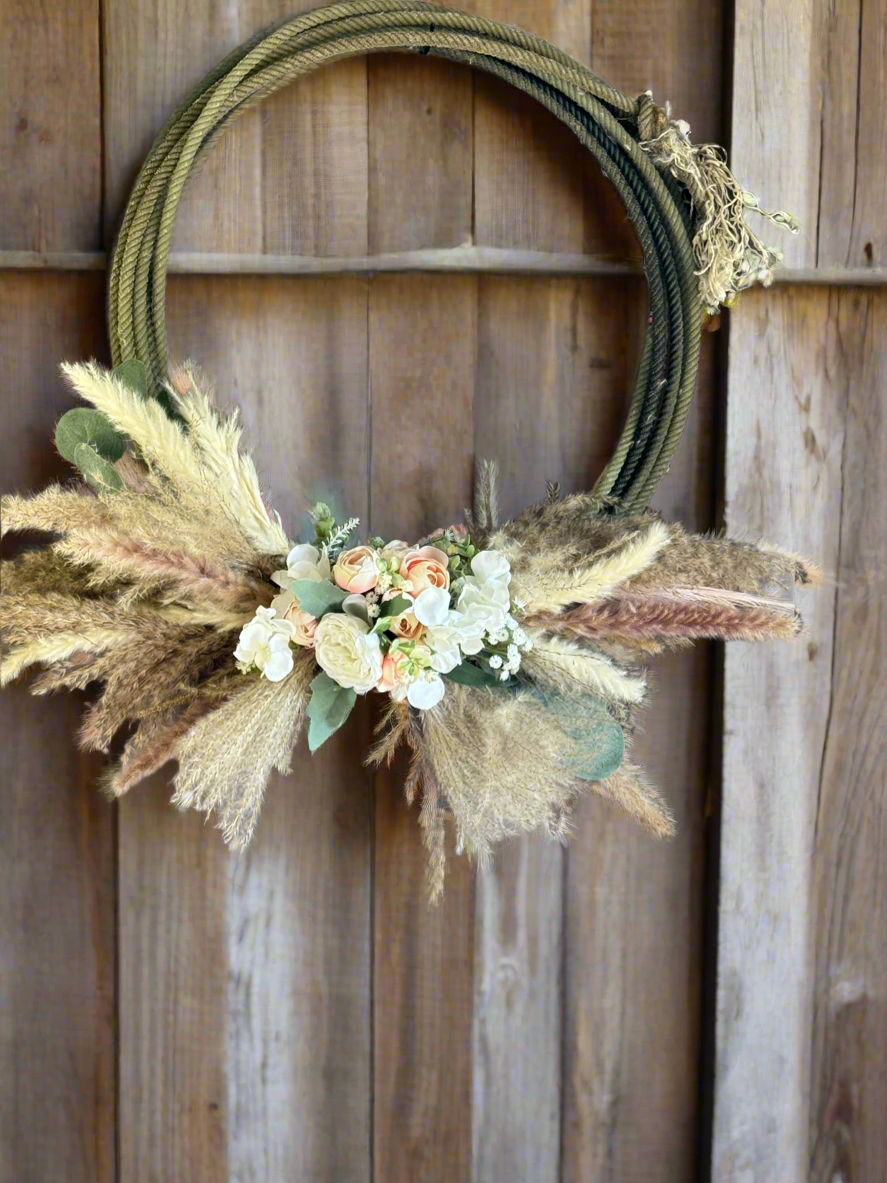 Pompous grass floral wreath - cowboy rope pink and white floral (stock01)