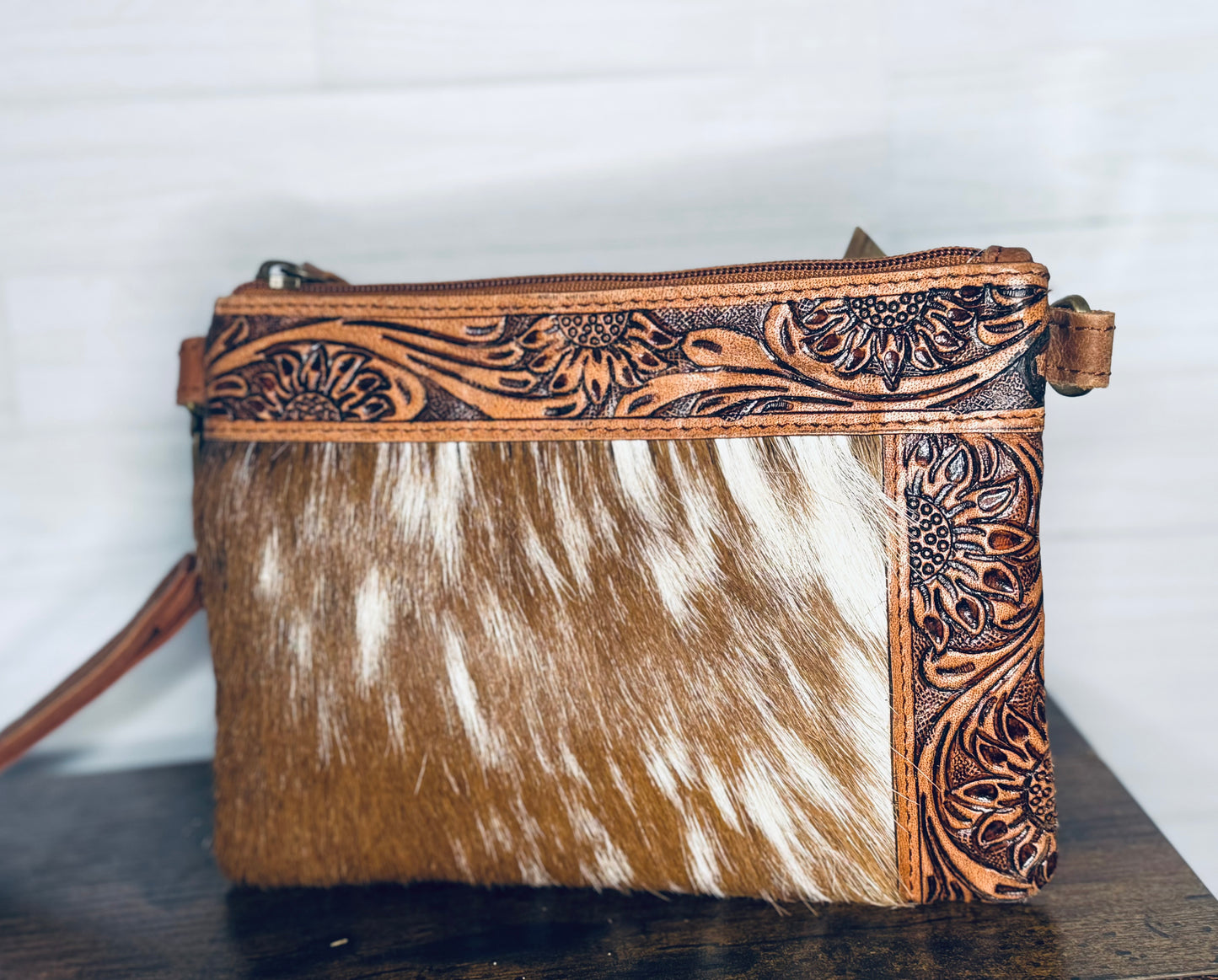 sunflower tooled crossbody/wristlet - with cowhide