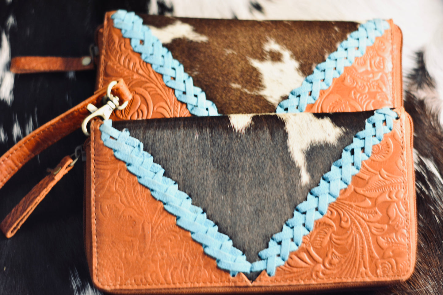 Turquoise stitch braided wallet