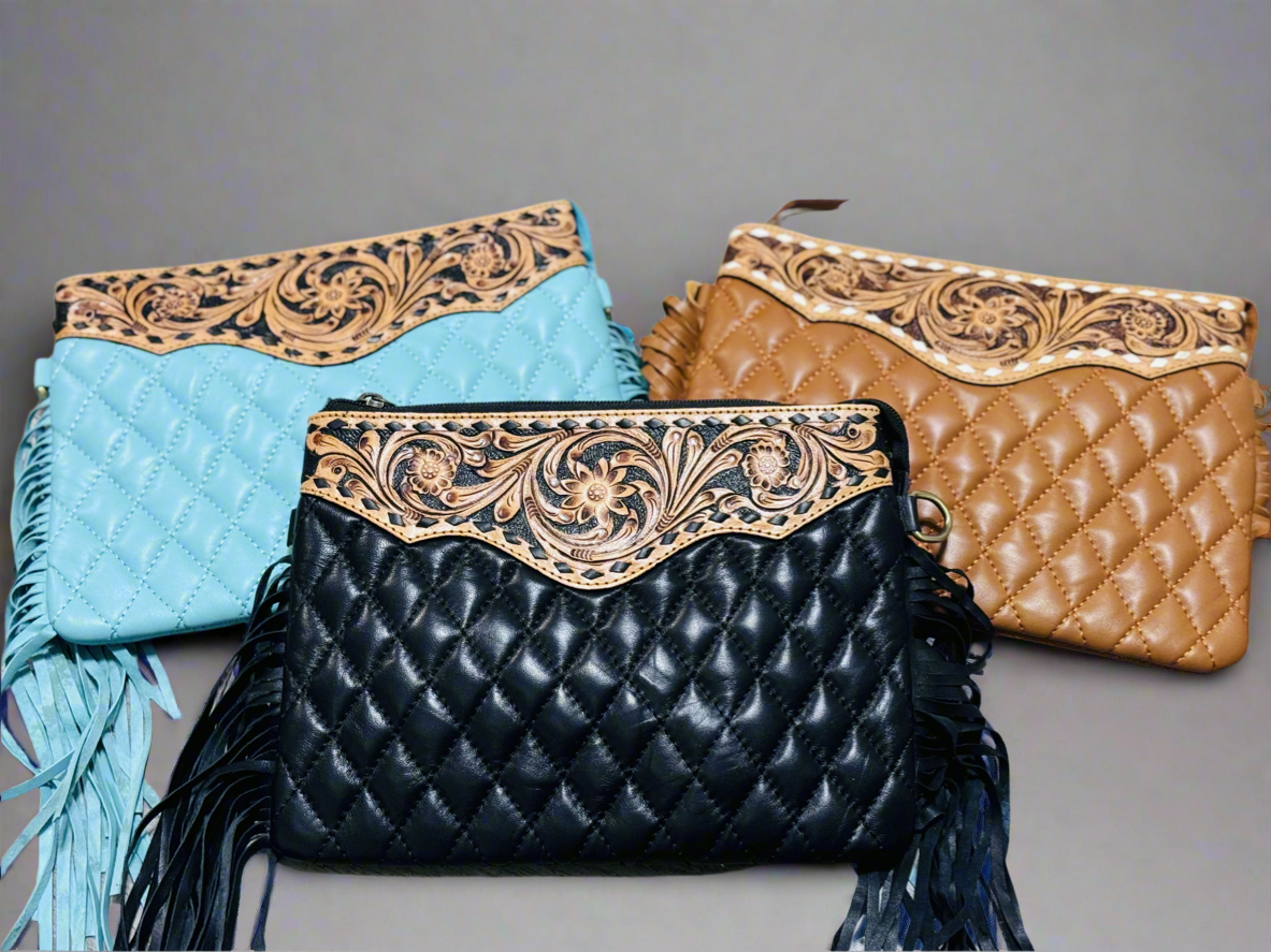 Quilted lady- Quilted Leather crossbody with tooled accent