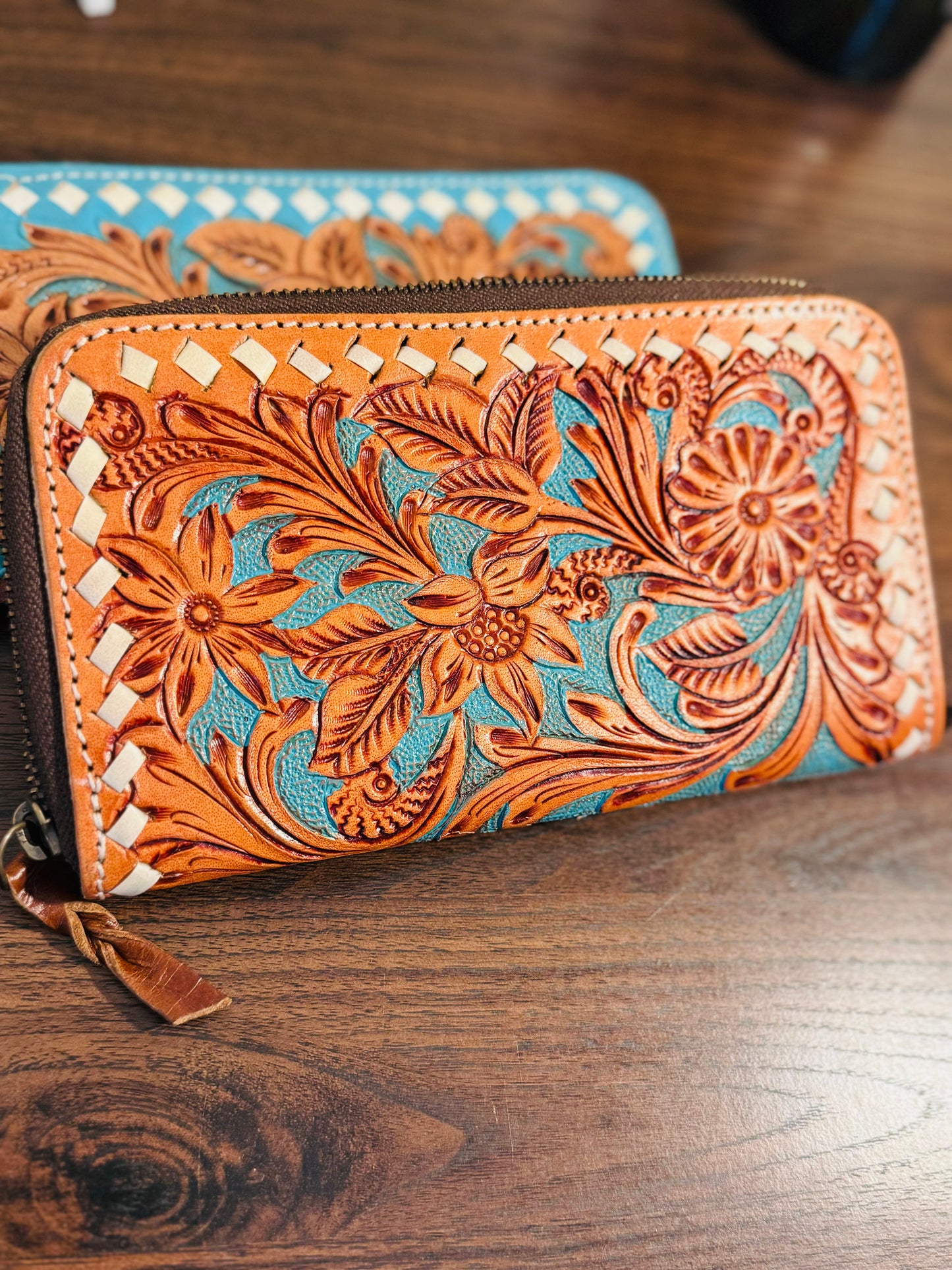 Turquoise Tooled wallet -accordion style