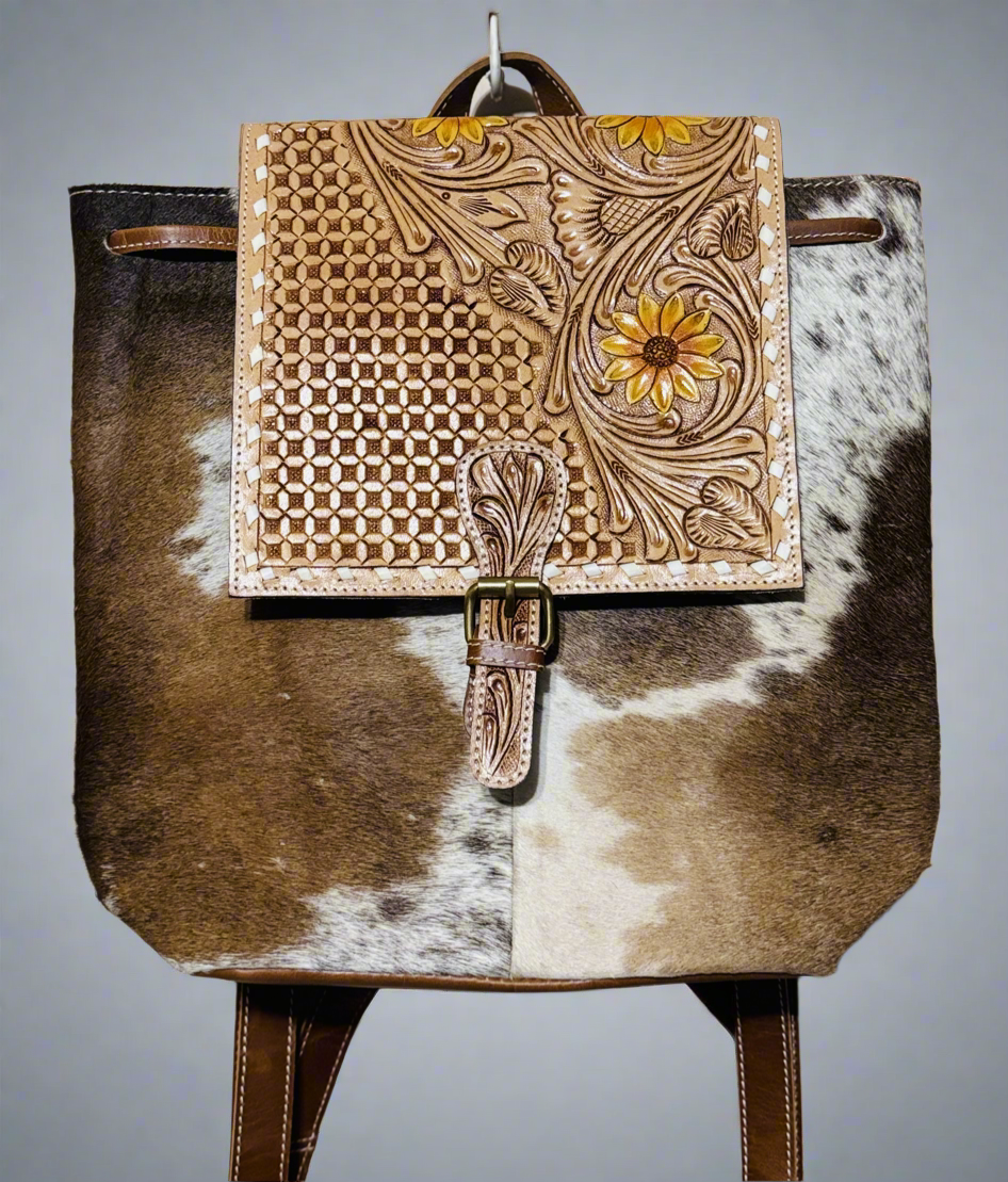 Rustic elegance sunflower cowhide backpack