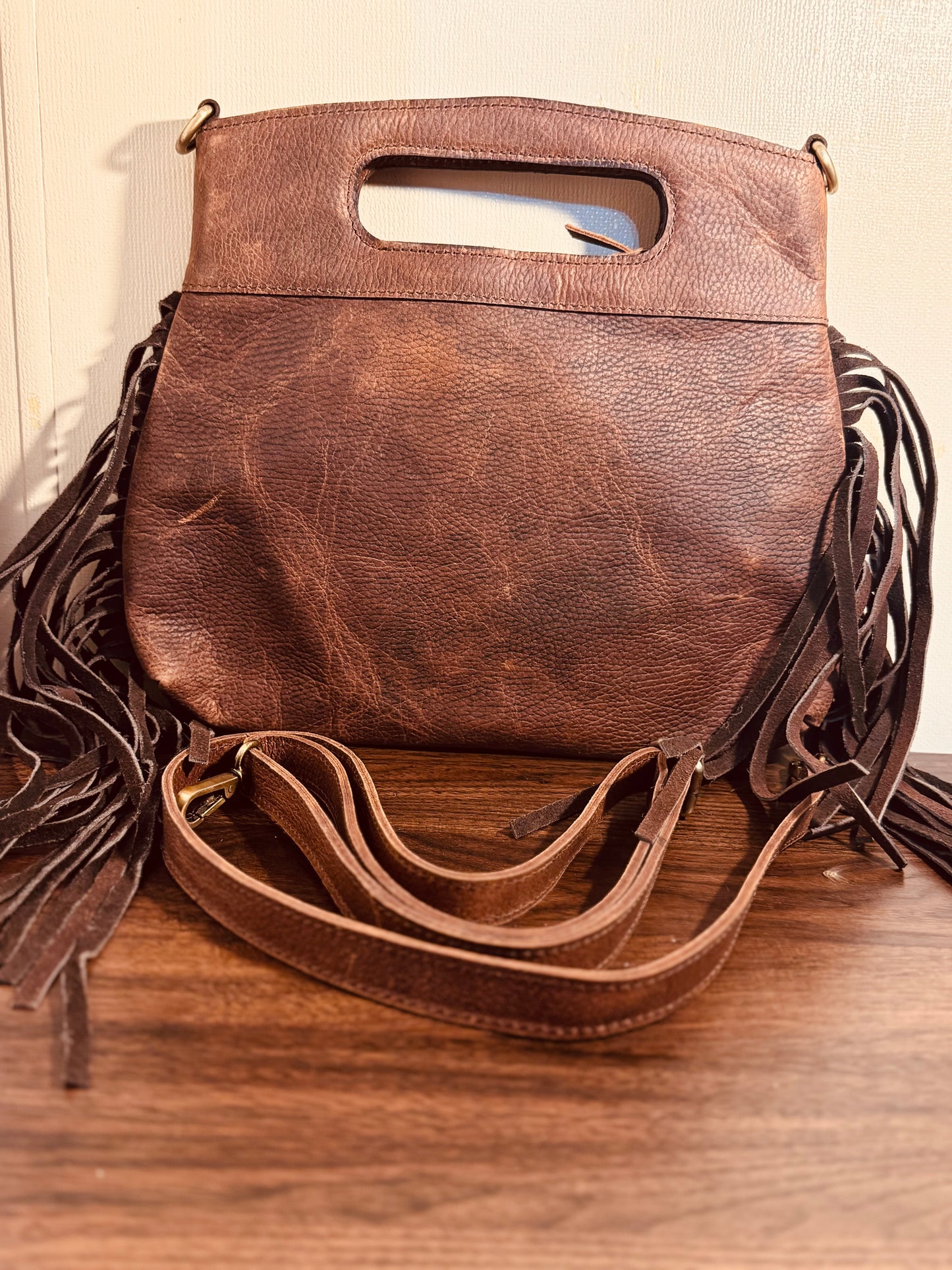 Brown leather clutch bag -with crossbody strap