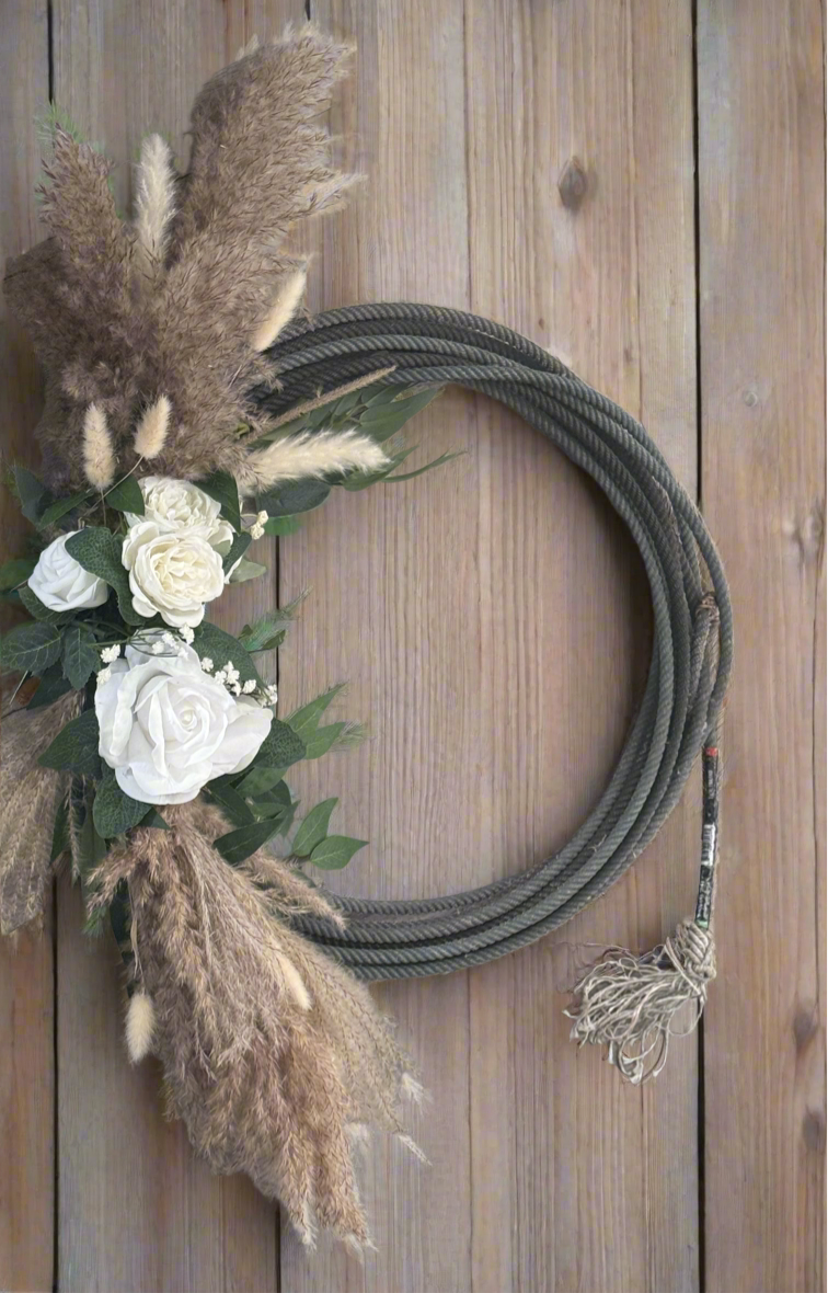 Pompous grass floral wreath - cowboy rope pink and white floral (stock02)