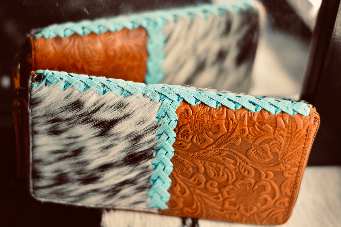 Turquoise stitch braided wallet