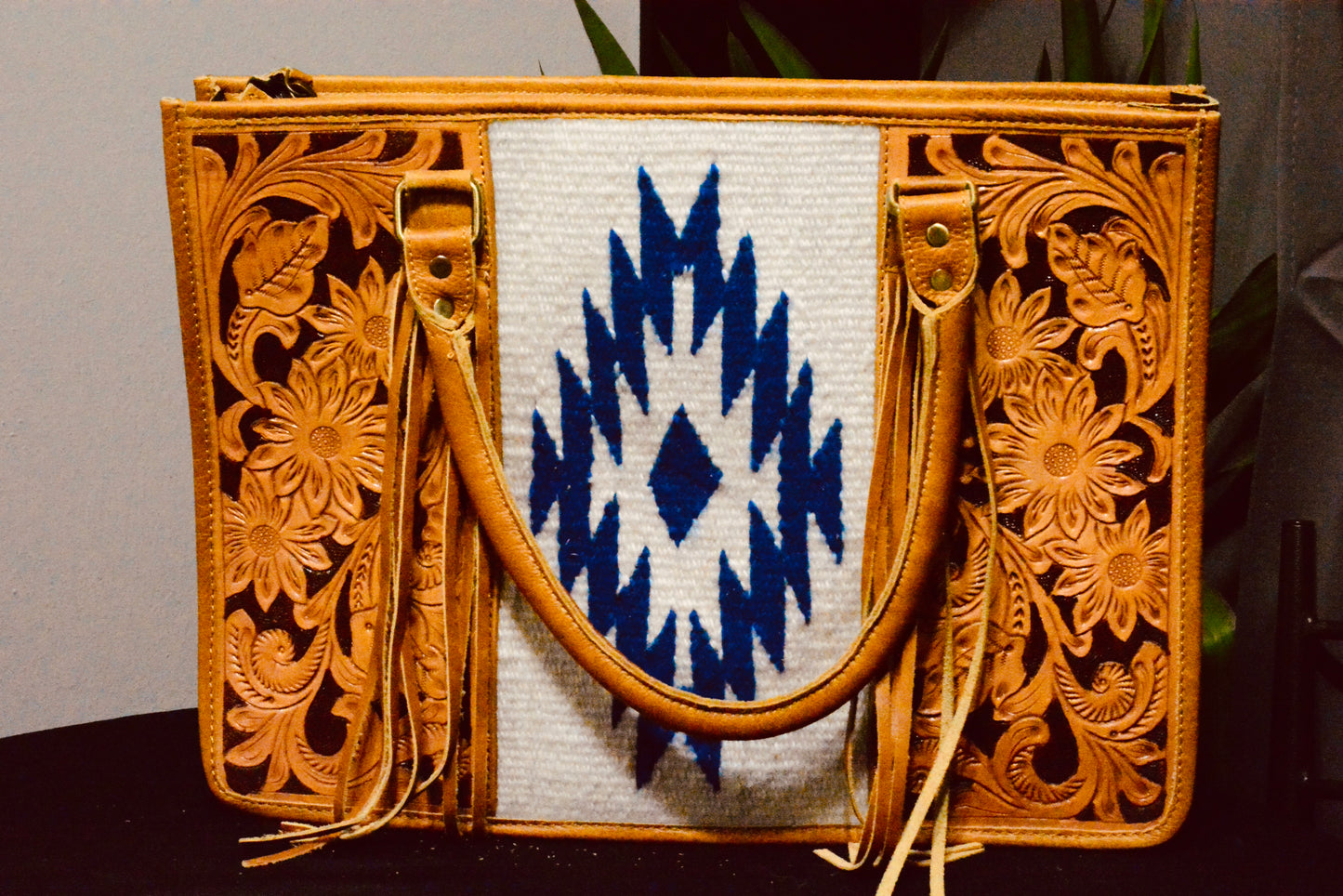 large leather tooled saddle blanket tote