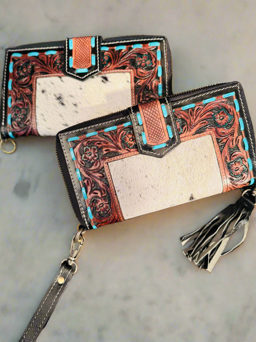 Tooled teal stitched wallet