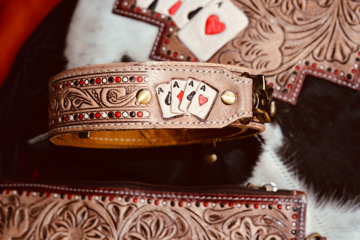 Ace's cowhide tooled crossbody bag.
