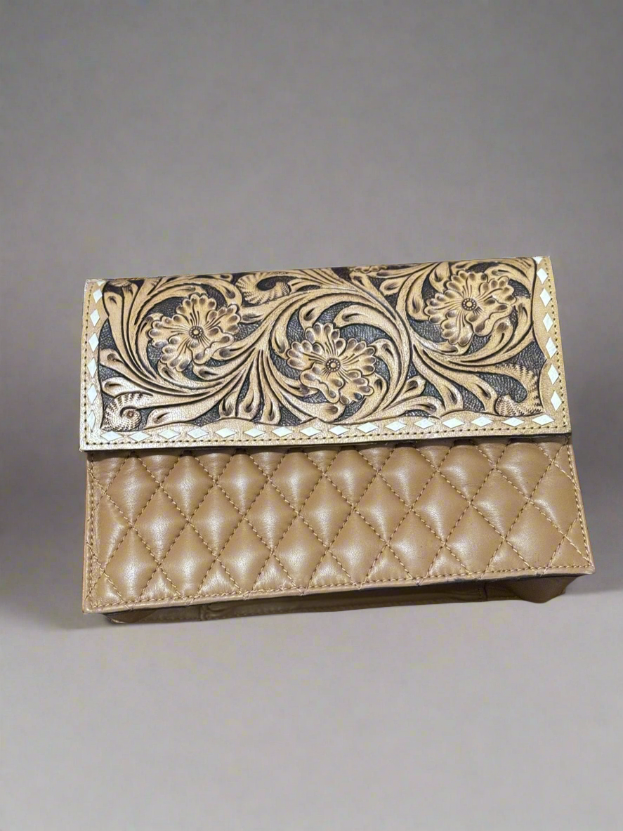 Quilt of glamour - quilted leather and hand tooled leather accent flap closure