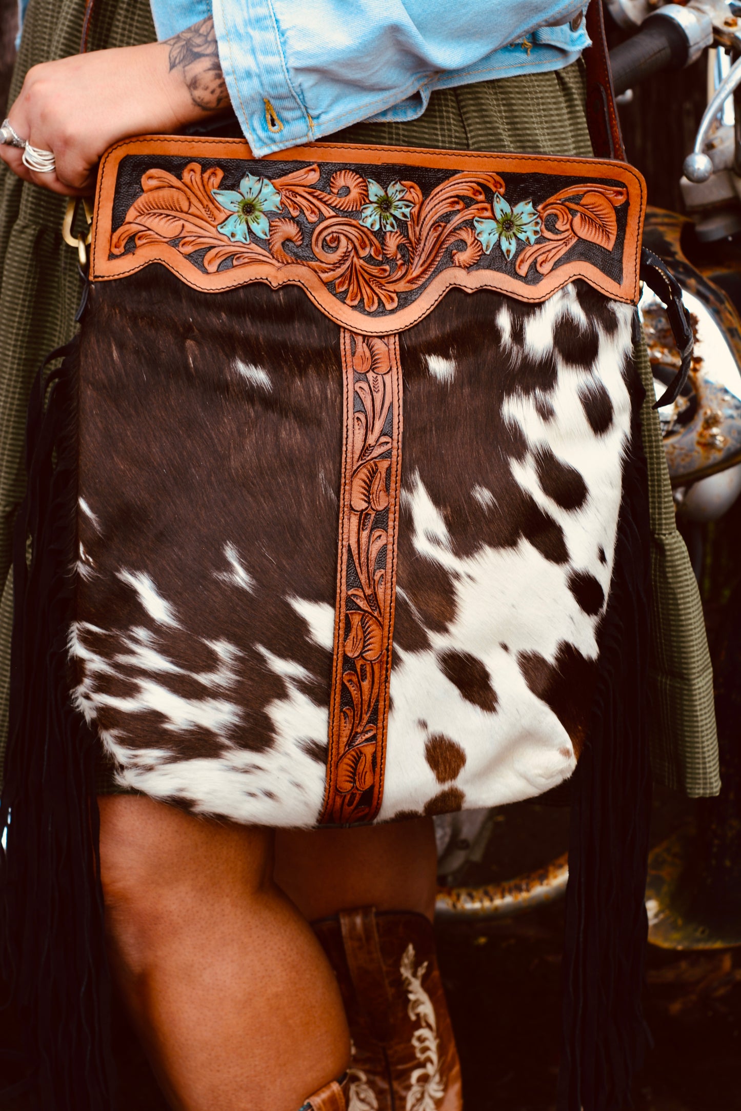 The painted Range shoulder bag- cowhide and tooled leather