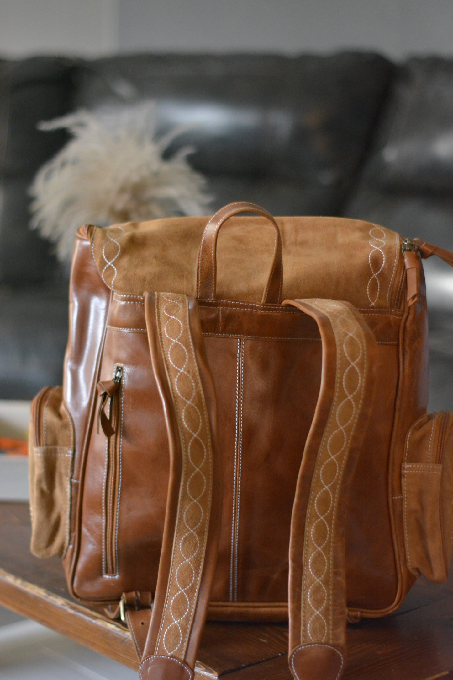 Genuine suede boot stitched backpack
