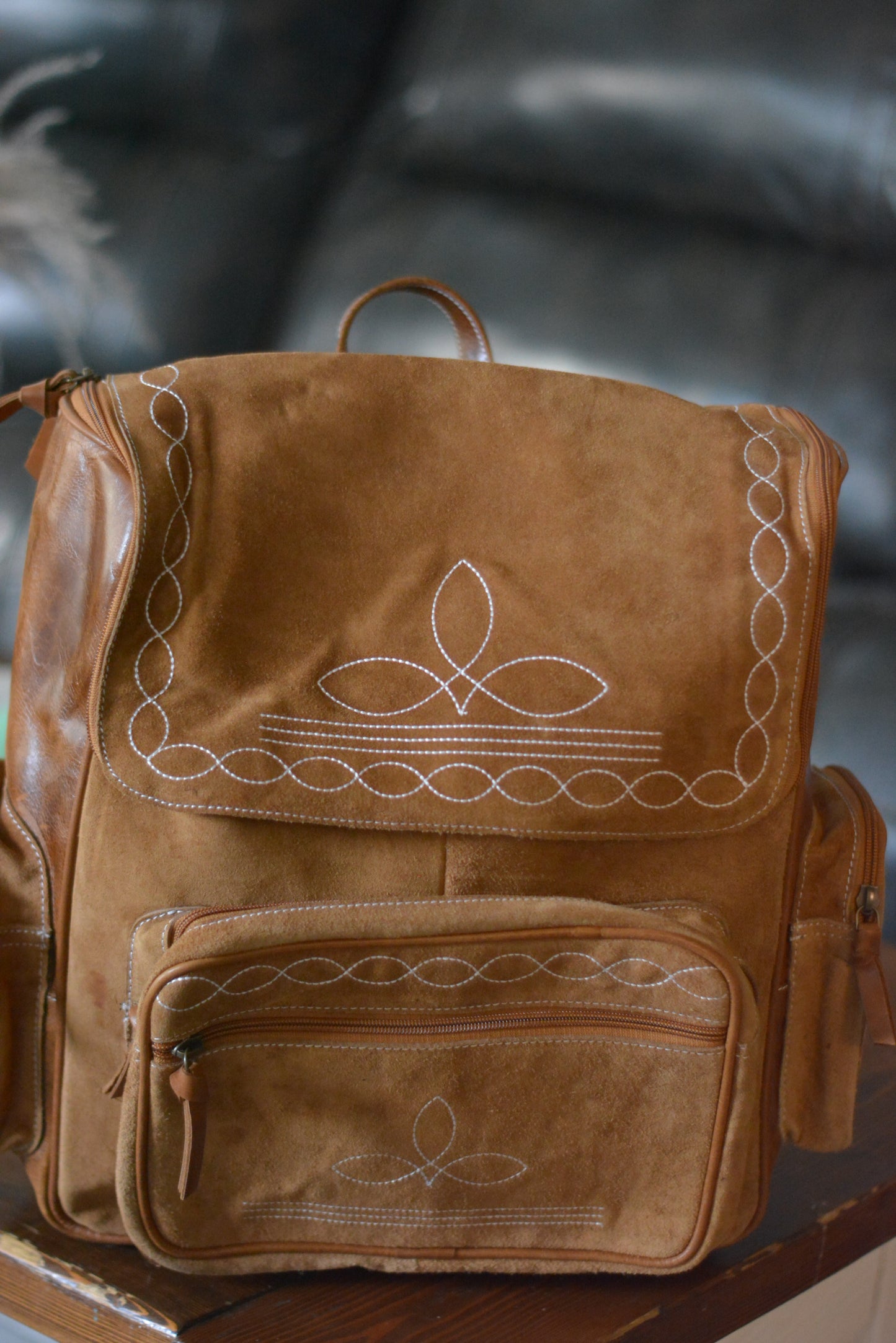 Genuine suede boot stitched backpack