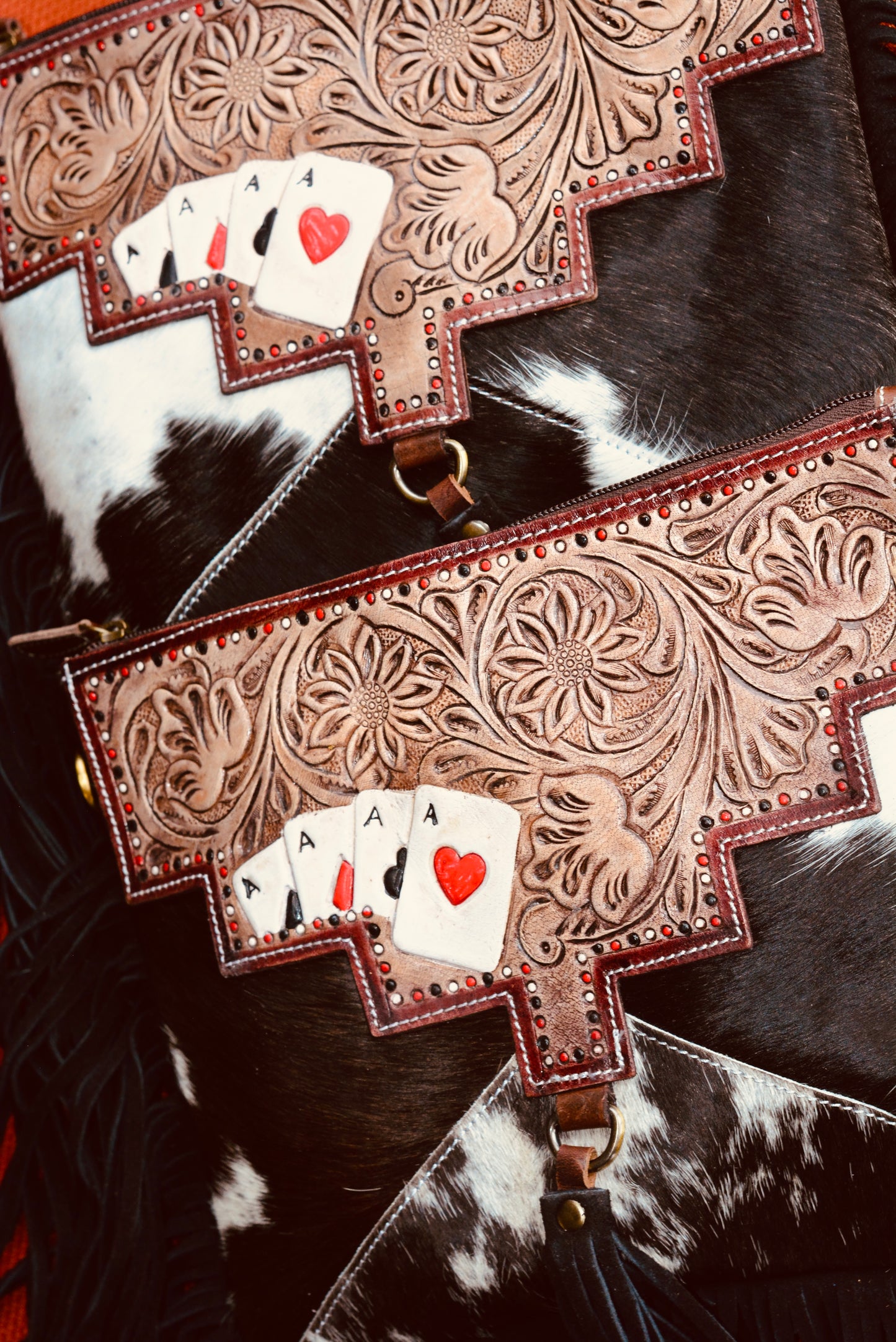Ace's cowhide tooled crossbody bag.