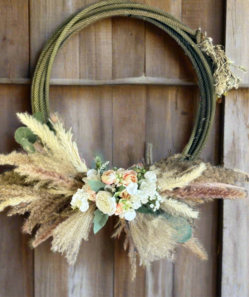 Pompous grass floral wreath - cowboy rope pink and white floral (stock01)
