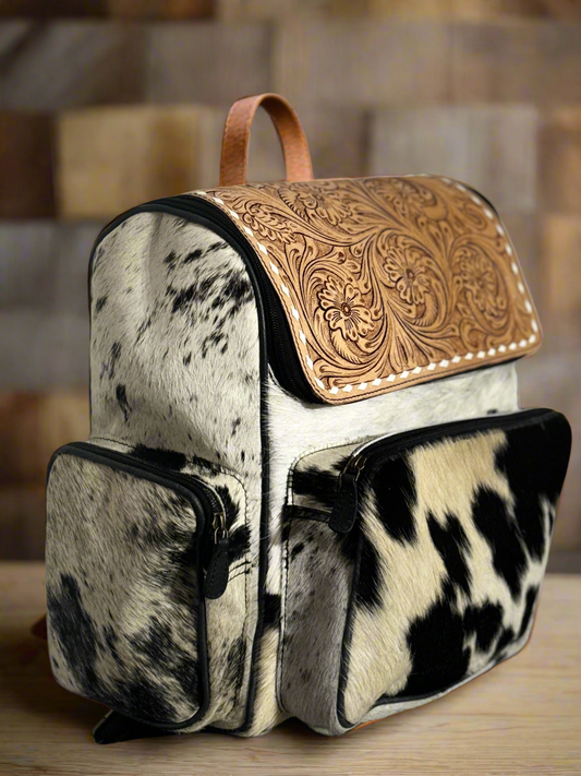Tooled flap cowhide backpack/ diaper bag