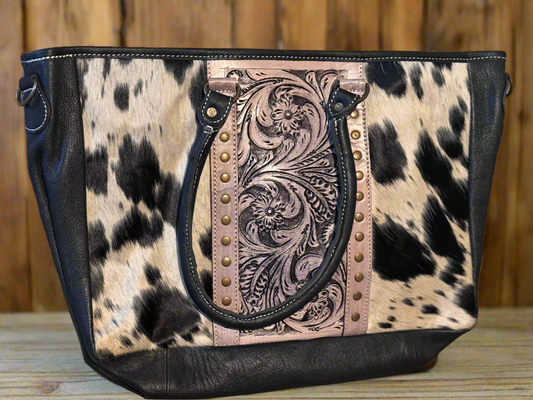 The Wild Fern Tote- black cowhide and leather