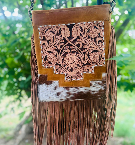 Tooled Leather & Cowhide Concealed Carry Fringe Crossbody Bag – Dual Zip Access – Western Style